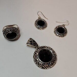 Black and Silver Matching Ring, Pendant, Earrings